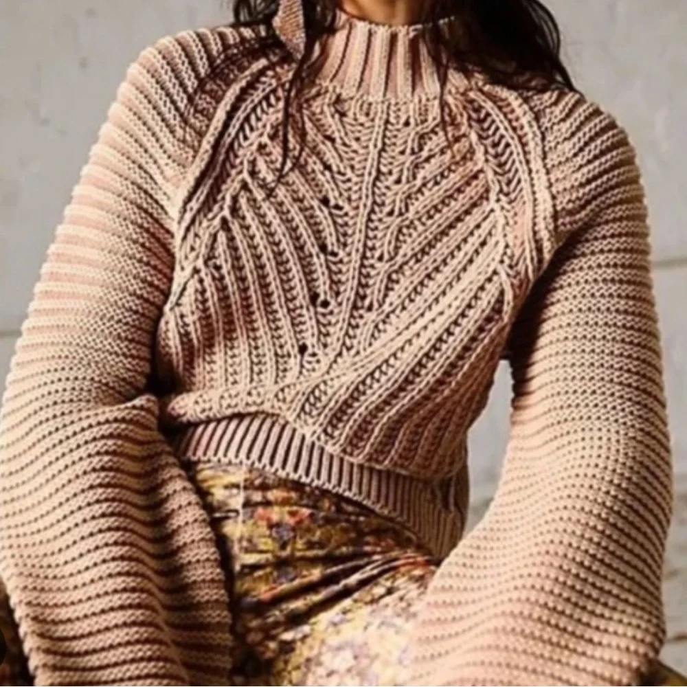 Free People Fisherman Chunky‎ Sand Tan Knit Cowl Neck Sweater